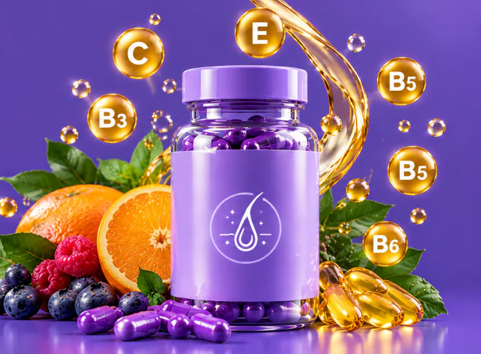 Pote de cápsulas do blend BeauPlex cercado por frutas cítricas, frutas vermelhas e cápsulas de vitaminas