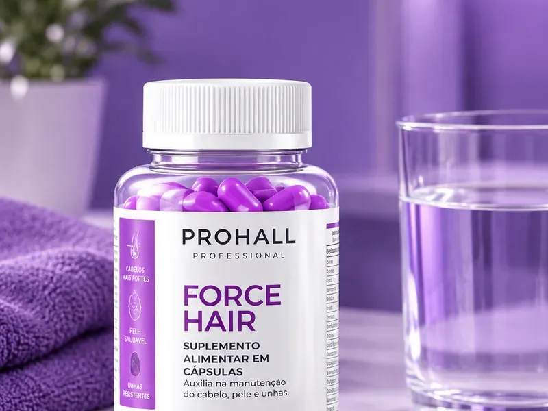 Pote do Encapsulado Force Hair ao lado de um copo d'água e de algumas cápsulas