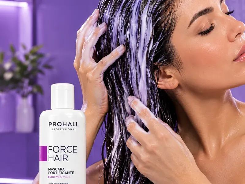 Mulher aplicando a Máscara Fortificante Force Hair no comprimento dos fios molhados