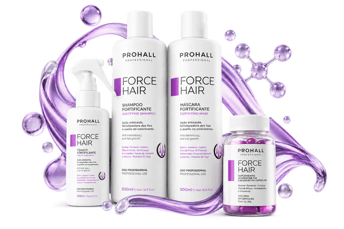 Tônico, shampoo, máscara e suplemento Force Hair sobre fundo escuro, envoltos por um fluxo de textura lilás