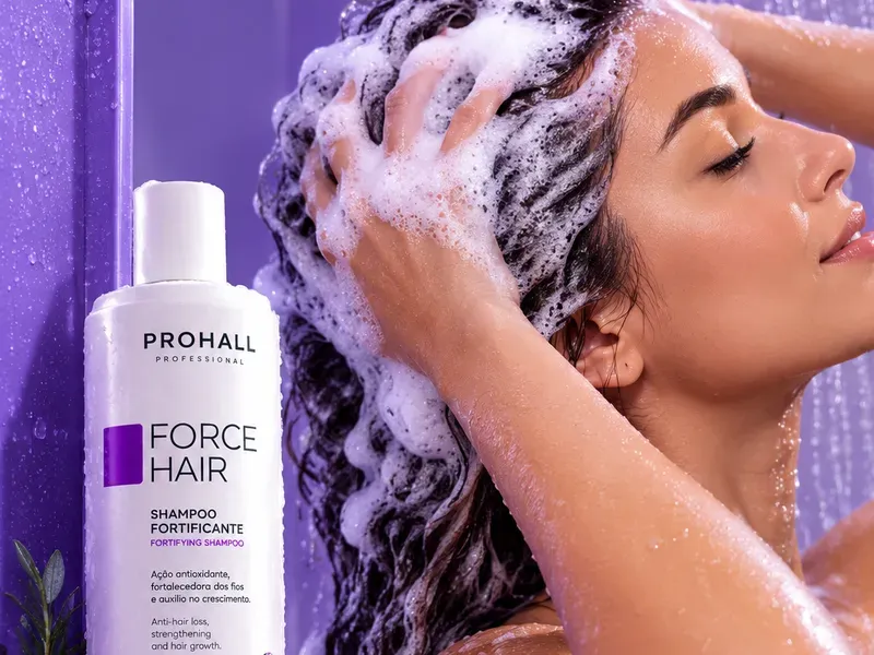 Mulher no chuveiro massageando o couro cabeludo com espuma, ao lado do Shampoo Fortificante Force Hair