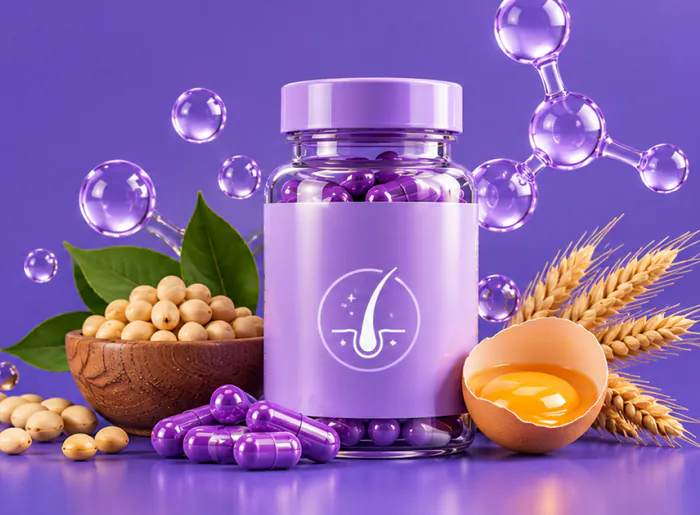 Pote de cápsulas ao lado de ovo, soja e trigo, alimentos ricos em biotina